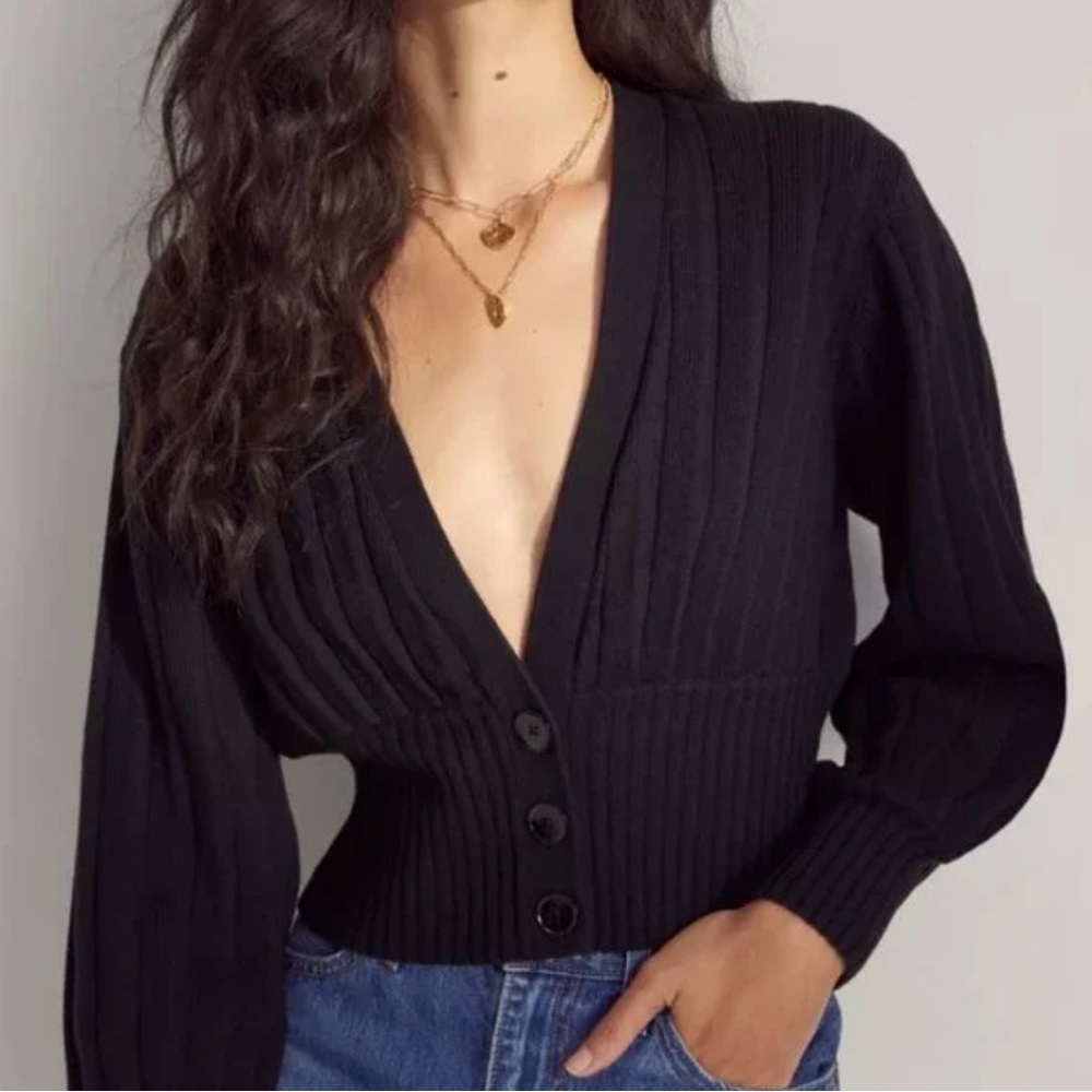 Aritzia Wilfred Plunge Front Thais Black Ribbed Button-Up Cardigan Size Medium